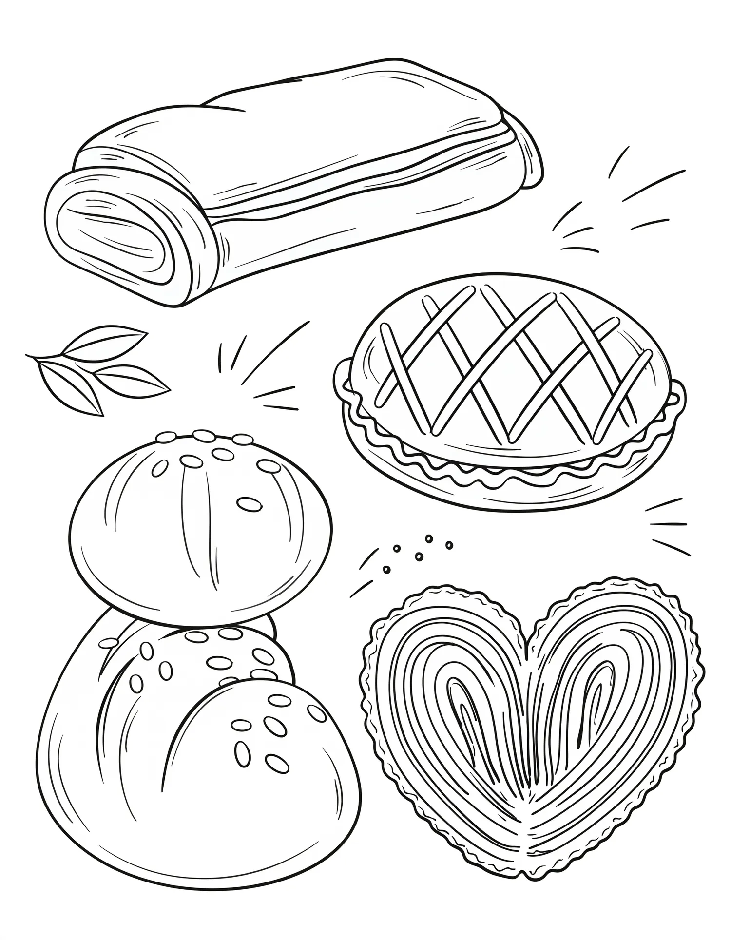 Viennoiseries Assorties, Coloriage pâtisserie à imprimer gratuitement